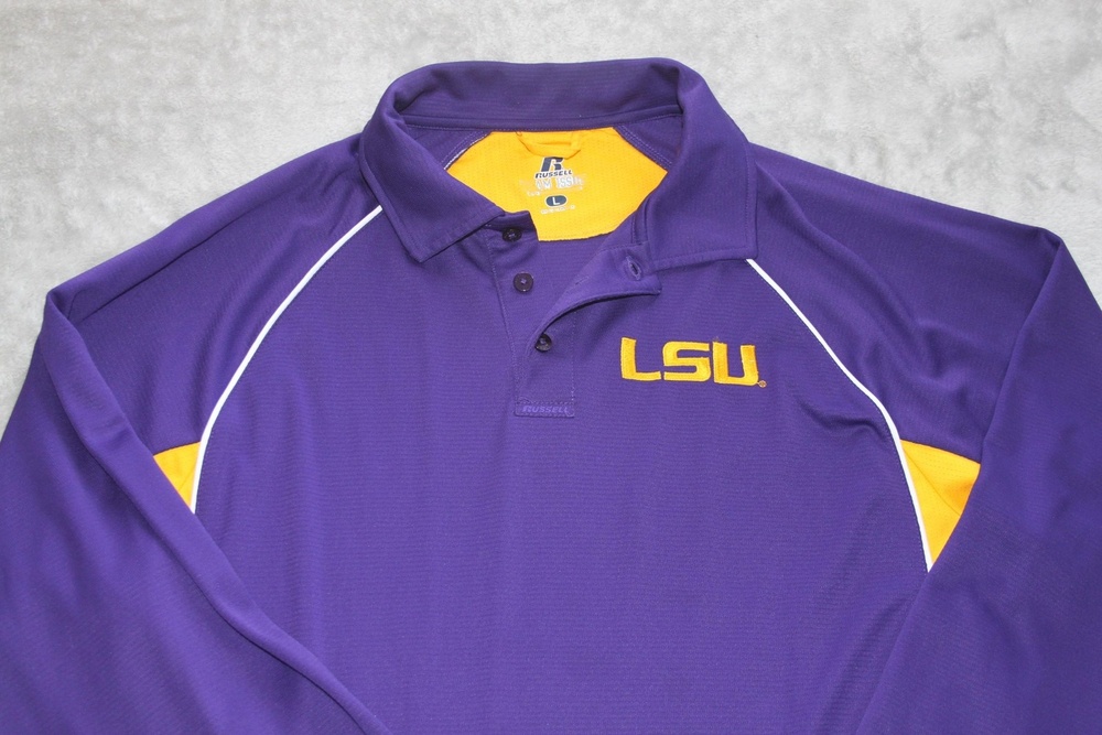 LSU Tigers Shirt Mens L Purple NCAA Football Russell Long Sleeve Polo Top